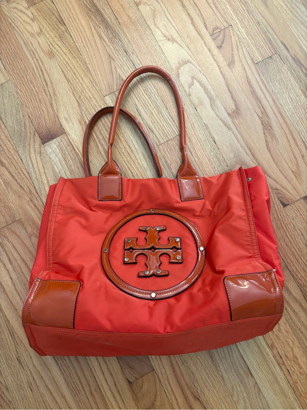 Tory Burch Vibrant Orange Nylon Tote with Logo Medallion